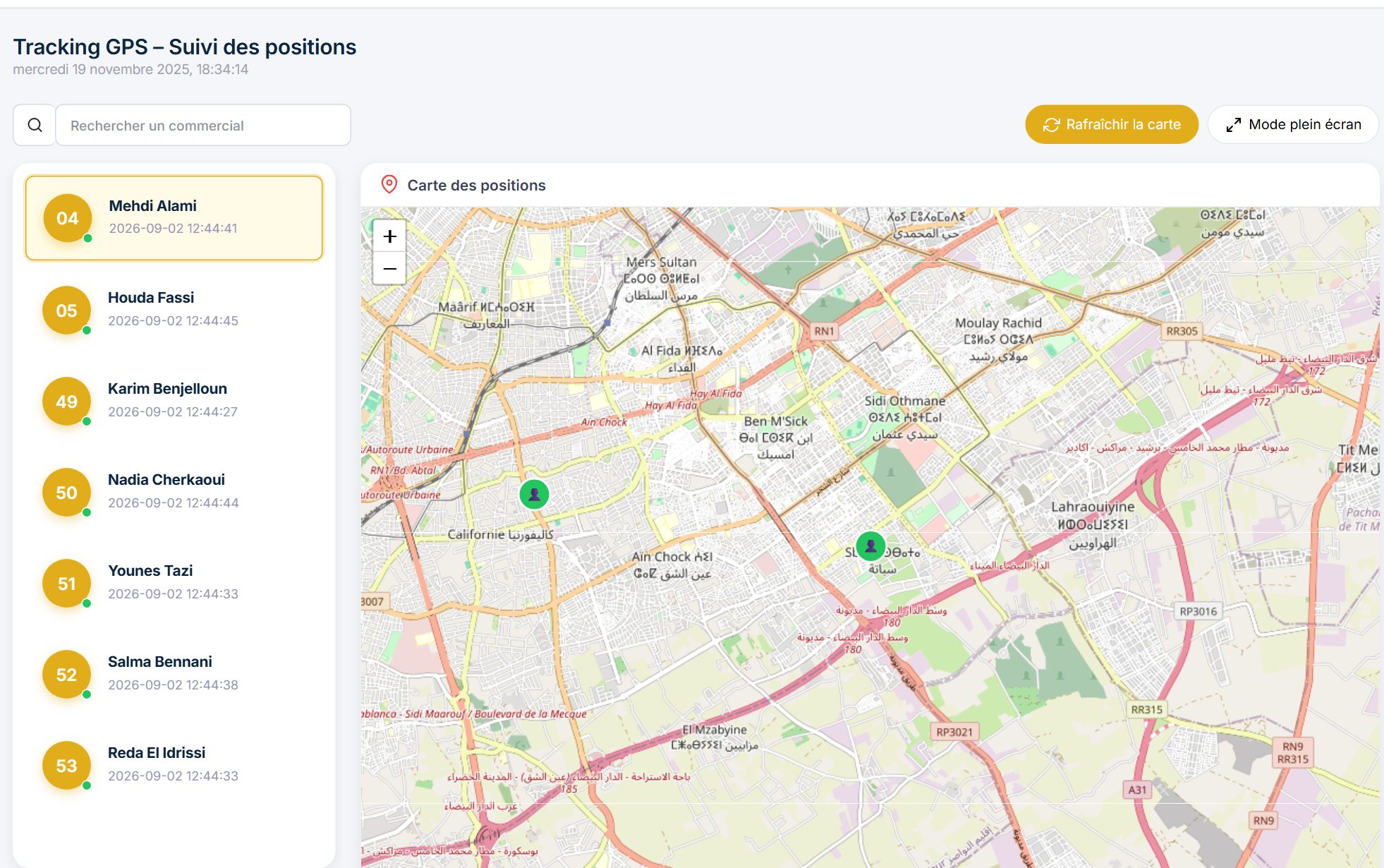 Carte de suivi GPS en temps réel : commerciaux géolocalisés sur Casablanca